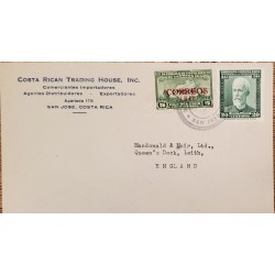 L) 1947 COSTA RICA, MAURO FERNANDEZ, 20C, GREEN, MAP, COCO ISLAND,BOAT, 5 CENTS, CIRCULATED COVER FROM SAN