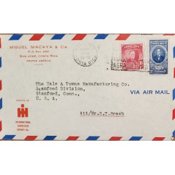 L) 1950 COSTA RICA, ROOSEVELT, 10C, ANICETO ESQUIVEL, BLUE, 25 CENTS, AIRMAIL, CIRCULATED COVER FROM COSTA RICA TO USA
