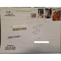 A) 2010, SPAIN, CERTIFIED, FROM BARCELONA TO UNITED STATES, POSTAGE PAID IN OFFICE, MULTIPLE STAMPS