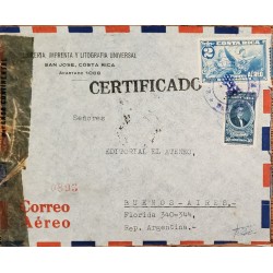L) 1944 COSTA RICA, ALLEGORY, BLUE, 2 COLONES, JOSE MARIA ALFARO, 50 CENTS, CERTIFICATED, CIRCULATED COVER FROM