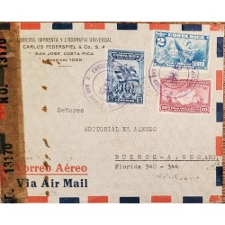 L) 1943 COSTA RICA, ALLEGORY, 2 COLONES, RED, FLAG, 5 CENTS, CONTINENTAL DEFENSE, COCO ISLAND, MAP, RED, 10C, AIRMAIL