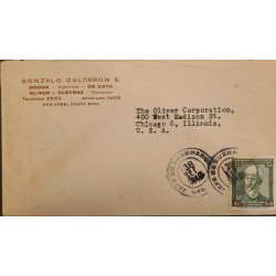 L) 1944 COSTA RICA, MAURO FERNANDEZ, GREEN, 20CENTS, CIRCULATED COVER FROM COSTA RICA TO USA