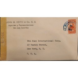 L) 1945 COSTA RICA, FRANCISCO MORAZAN, 15 CENTS, RED, CIRCULATED COVER FROM COSTA RICA TO USA