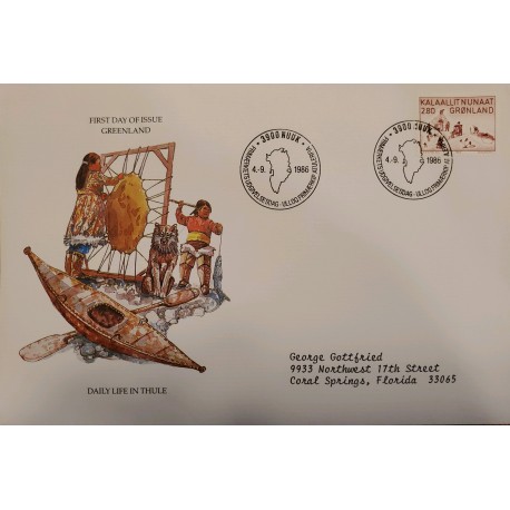 J) 1986 GREENLAND, DAILY LIFE IN THULE, AIRMAIL, CIRCULATED COVER, FROM GREENLAND TO FLORIDA, FDC