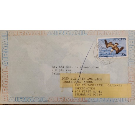 J) 1967 SAINT CRISTOBAL AND NEVIS, EAGLE, AIRMAIL, CIRCULATED COVER, FROM ANGUILLA TO NEW JERSEY