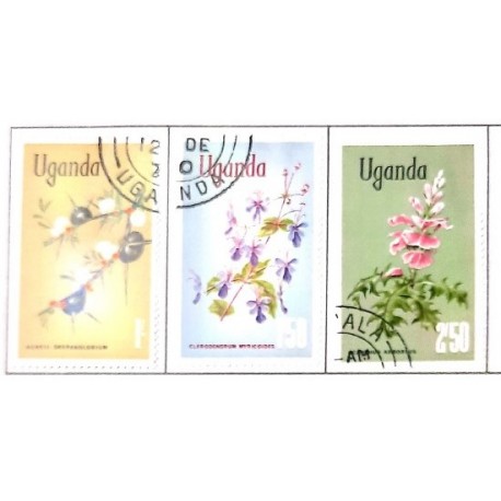 A) 1962, UGANDA, SET OF 3 STAMPS, FLOWERS, WITH OVERPRINT, ACACIA, CLERODENDRUM, ACANTHUS, MULTICOLORED
