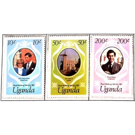 A) 1981, UGANDA, ROYAL WEDDING – STAMPS REISSUED WITH NEW FACE VALUES, PRINCE CHARLES AND LADY DIANA