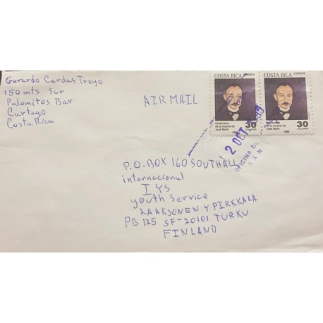 M) 1995, COSTA RICA, CHARACTERS, JOSE MARTI, AIRMAIL, CIRCULATED COVER FROM COSTA RICA TO FINLANDIA