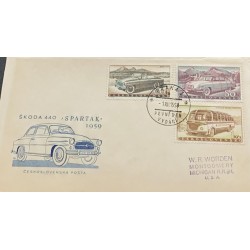 J) 1859 CZECHOSLOVAKIA, OLD CARS, MULTIPLE STAMPS, AIRMAIL, CIRCULATED COVER, FROM CZECHOSLOVAKIA TO MICHIGAN, FDC