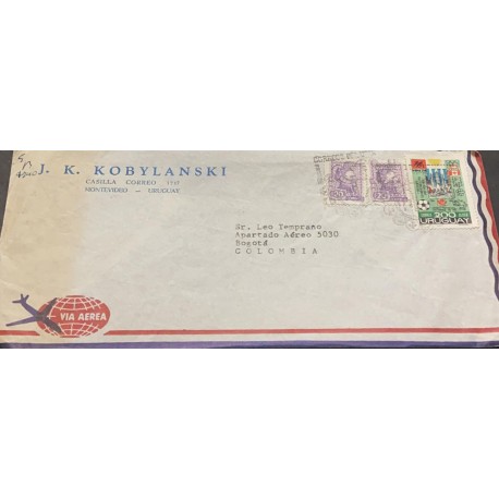 J) 1974 URUGUAY, MULTIPLE STAMPS, WITH SLOGAN CANCELLATION, AIRMAIL, CIRCULATED COVER, FROM URUGUAY TO COLOMBIA