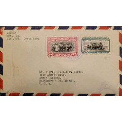 L) 1947 COSTA RICA, COFFEE, BULL, FIFTY YEAR OF THE PACIFIC ELECTRIC RAILWAY, TRAIN, AIRMAIL, CIRCULATED