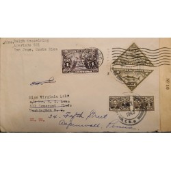 L) 1943 COSTA RICA, TRIANGLE, FISH, TUNA, JOSE JOAQUIN RODRIGUEZ, NATIONAL MONUMENT, UPU, CIRCULATED COVER FROM