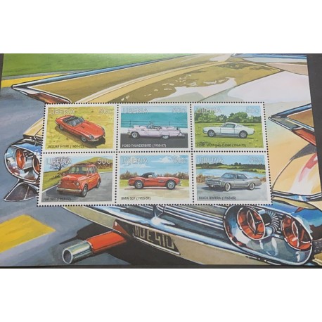J) 1957 LIBERIA, MUSTANG, BMW, FIAT, OLD CARS, SOUVENIR SHEET, XF