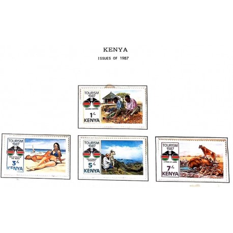 A) 1987, KENYA , SET OF 4, TOURISM AKAMA WOOD CARVERS, BEACH, PANORAMICS, LION, MULTICOLORED
