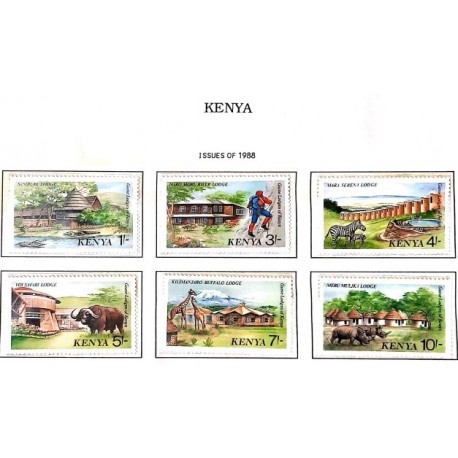 A) 1988, KENYA, TOURIST ACCOMMODATION SAMBURU, NARO MURO, MARA SERENA, SAFARI VOI, KILIMANJARO, MERU MULIKA, SET OF 6