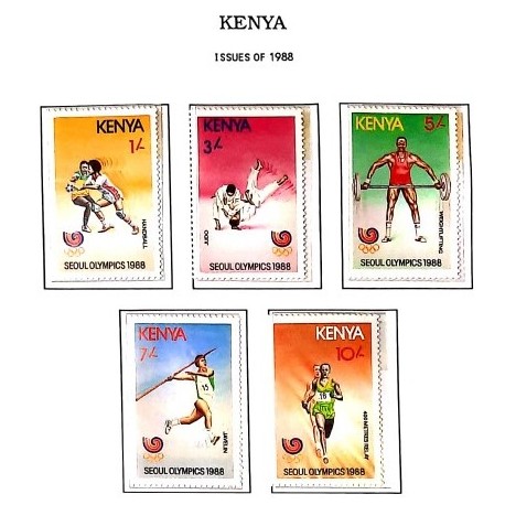 A) 1988, KENYA, OLYMPIC GAMES SEOUL 88 HANDBALL, JUDO, HALTEROPHILIA, JABALINE, RELAYS 4 X 400, SET OF 5 STAMPS, MULTICOLORED
