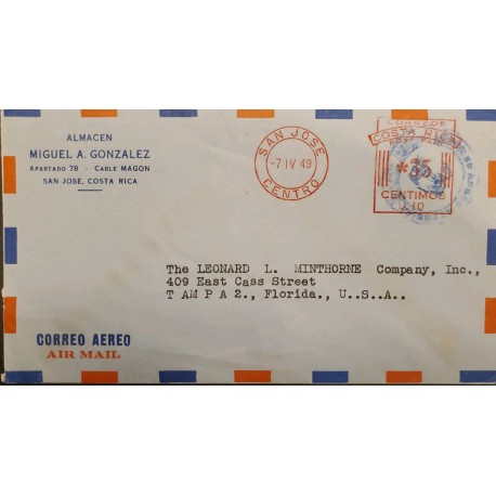 L) 1949 COSTA RICA, METHER STAMPS, 0.10 CENTS, AIRMAIL,CIRCULATED COVER FROM COSTA RICA TO USA
