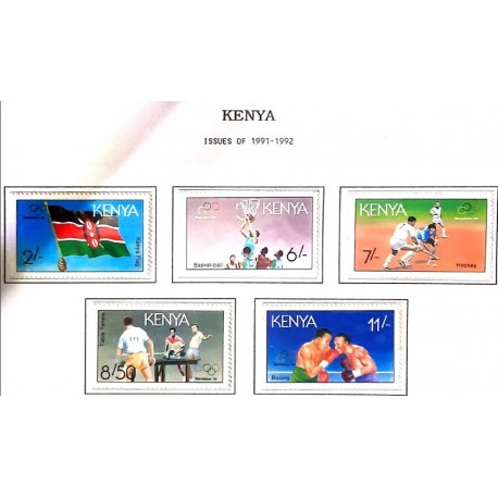 A) 1991, KENYA, BASKETBALL, GRASS HOCKEY, TABLE TENNIS, BOXING, OLYMPIC GAMES BARCELONA: NATIONAL FLAG, MULTICOLORED