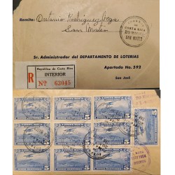 L) 1954 COSTA RICA, MAIL PLANE ABOUT TO LAND, AIRPLANE, BLUE, 5 CENTS, AIRMAIL, SAN MATEO