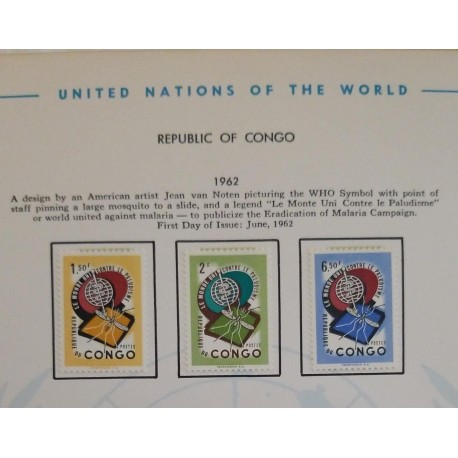J) 1962 REPUBLIC OF CONGO, A DESIGN BY ARTIST JEAN VAN NOTEN PICTUTING THE WHO SYMBOL WITH POINT OF STAFF PINNING