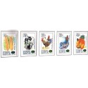A) 1995, KENYA, FOOD AND AGRICULTURE, FAO, CORN, BOVINE CATTLE, POULTRY, FISHERIES AND FRUIT, SET OF 5 STAMPS