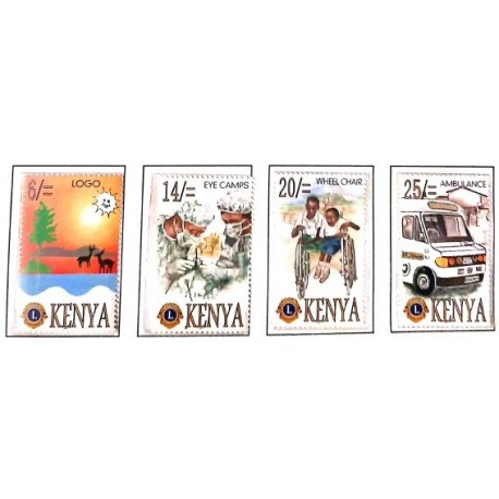 A) 1996, KENYA, LIONS CLUB INTERNATIONAL: LOGO, EYE CAMPS, WHEEL CHAIR, AMBULANCE, SET OF 4, MULTICOLORED