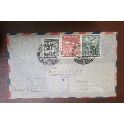 M) 1950 CIRCA, CHILE, 40 CENTS, AIRPLANE, GREEN, 10 PESOS, RED, 1 PESO, GRAY BLUE, AIR MAIL,