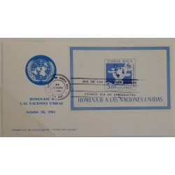 L) 1961 COSTA RICA, TRIBUTE TO THE UNITED NATIONS, ONU, WORLD, BLUE, 5 COLONES, FDC