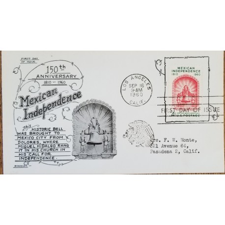 J) 1960 MEXICO, 150 ANNIVERSARY OF MEXICAN INDEPENDENCE, BELL, AIRMAIL, CIRCULATED COVER, FROM MEXICO TO CALIFORNIA