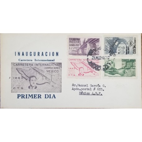 J) 1950 MEXICO, INAUGURATION OF THE INTERNATIONAL ROAD, MAP, RAILWAY, MULTIPLE STAMPS, FDC