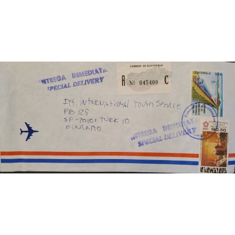 A) 1983, GUATEMALA, RAILWAYS, COVER SHIPPED FINLAND, CONGRESS VOTING INDEPENDENCE, AIRMAIL, SPECIAL DELIVERY, REGISTERED