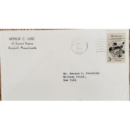 A) 1958, UNITED STATES, RELIGIOUS FREEDOM IN AMERICA, FROM MASSACHUSSETTS TO NEW YORK, CANCELLATION
