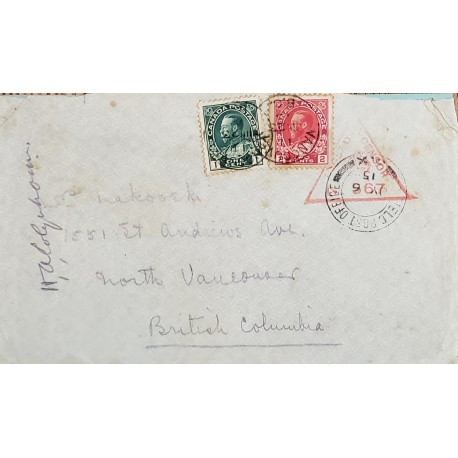 A) 1915, CANADA, CENSOR MILITARY, JORGE V, LETTER SHIPPED TO BRITISH COLUMBIA, RED TRIANGULAR CANCELLATION, XF