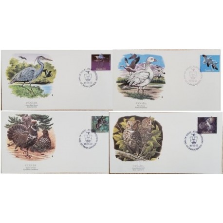 A) 1986, CANADA, BIRDS, SNOWGOOSE, BLUE HERON, CANADA GROUSE, FDC, SERIES OF 4, XF