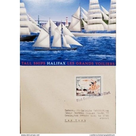 A) 1936, CANADA, FIRST CANADIAN ROCKET – FLIGHT, POSTACARD, SHIPPED TO NEW YORK, HALIFAX TALL BOATS THE GREAT SAILBOATS