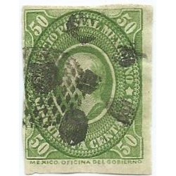 J) 1884 MEXICO, MEDALLION, 50 CENTS GREEN, HIDALGO'S HEAD. MUTE CANCELLATION