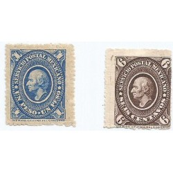 J) 1884 MEXICO, MEDALLION, HIDALGO'S HEAD, 6 CENTS BROWN, 1 CENT BLUE, SET OF 2, XF
