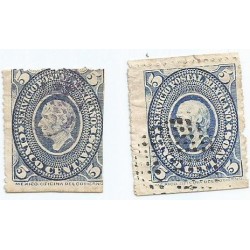 J) 1885 MEXICO, MEDALLION, 5 CENTS BLUE, HIDALGO'S HEAD, SET OF 2, XF