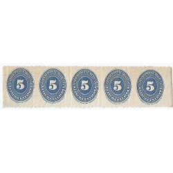 J) 1886 MEXICO, ERROR OF PERFORATION, NUMERAL 5 CENTS BLUE, STRIP OF 5, XF