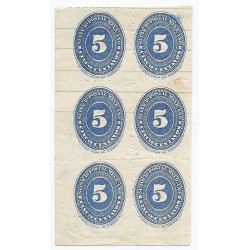 J) 1886 MEXICO, ERROR OF PERFORATION, NUMERAL 5 CENTS BLUE, BLOCK OF 6, XF