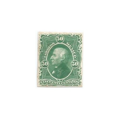 J) 1874 MEXICO, HIDALGO'S HEAD, 50 CENTS GREEN, PROOF IN PAPER INDIA, XF