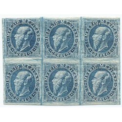 J) 1866 MEXICO, EMPEROR MAXIMILIAN, BLOCK OF 6, 13 CENTS BLUE, WITH DISTRICT OVERPRINT TO SAN LUIS POTOSI, XF