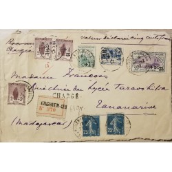 J) 1922 FRANCE, REGISTERED, MULTIPLE STAMPS, AIRMAIL, CIRCULATED COVER, FROM FRANCE TO MADAGASCAR