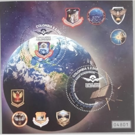 A) 2021, COLOMBIA, SPACE UNIT OF THE AIR FORCE, COAT OF ARMAS, MINISHEET, MULTICOLORED, XF