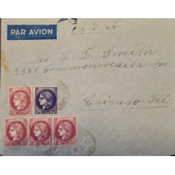 J) 1920 FRANCE, CERES, MULTIPLE STAMPS, AIRMAIL, CIRCULATED COVER, FROM FRANCE TO CHICAGO