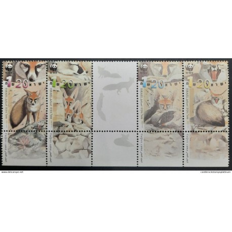 A) 2000, ISRAEL, BLANFORD'S FOX, NO WATERMARK, SE-TENANT STRIP OF FOUR STAMPS AND CENTRAL LABEL, MULTICOLORED