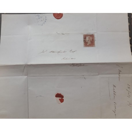 J) 1847 ENGLAND, EXTRAORDINARY LETTER OF RED PENNY PAPER ON BLUISH PAPER, PLATES E AND B, TO MR STANSFIELD A HALLIFAX, XF