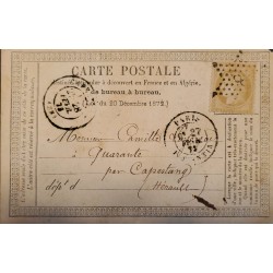 J) 1872 FRANCE, CERES, POSTCARD, MUTE CANCELLATION, STAR, CIRCULATED COVER, FROM FRANCE