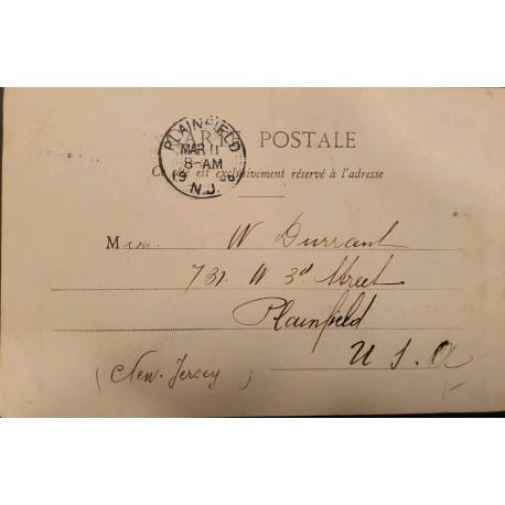 J) 1908 FRANCE, POSTCARD, CIRCULATED COVER, FROM FRANCE TO NEW JERSEY