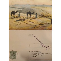 J) 1910 FRANCE, CAMEL, DESERT, THE SHOWER, POSTCARD, CIRCULATED COVER, FROM FRANCE TO USA